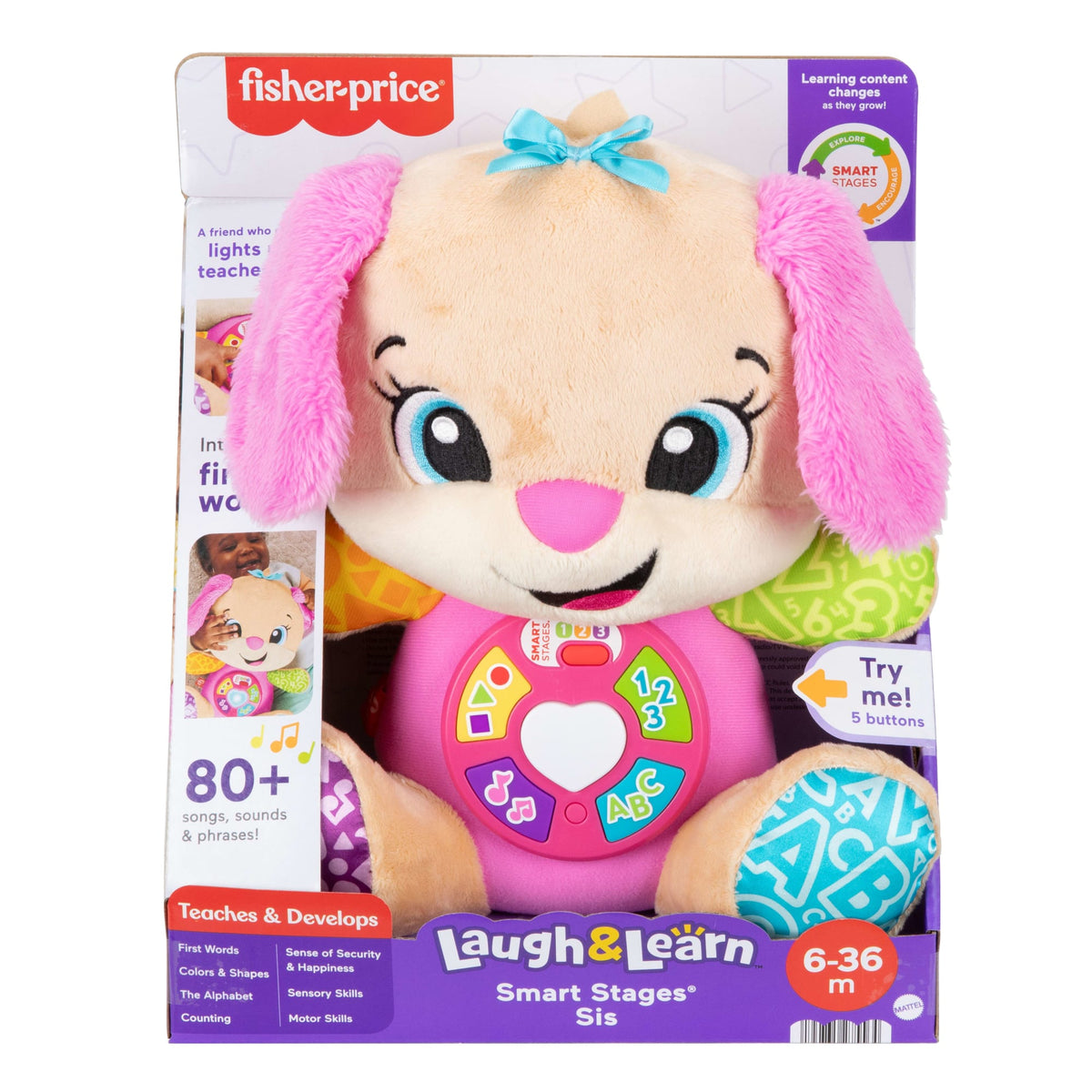 Fisher-Price Laugh & Learn Smart Stages Sis Pink Plush Baby Musical Learning Toy, Multilanguage Version