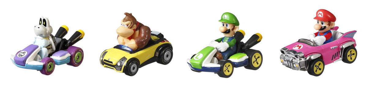 Hot Wheels Mario Kart Vehículo de Juguete Paquete de 4 con Mario, Donkey Kong, Luigi y Dry Bones