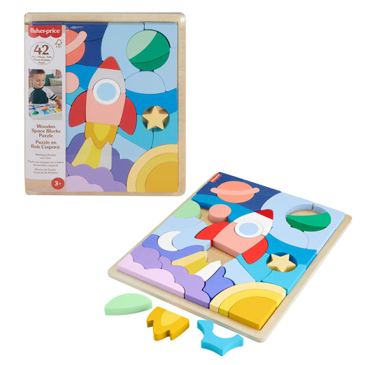 Fisher-Price Wooden Space Blocks Puzzle For Preschool Kids, 42 Wood Pieces