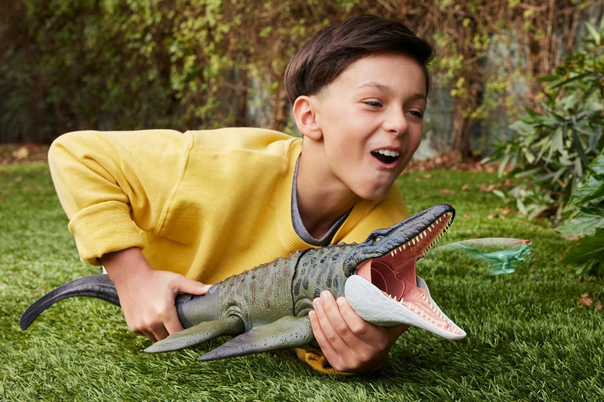 Jurassic World Rebirth Bite N Blast Mosasaurus Action Figure And Mini Dilophosaurus, Dinosaur Toy