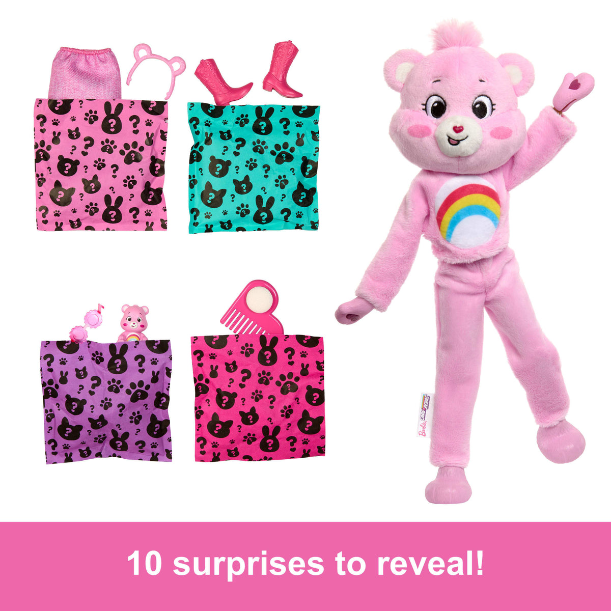 Barbie Cutie Reveal Care Bears Series Doll & Accessories in Cheer Bear Plush Costume, 10 Surprises